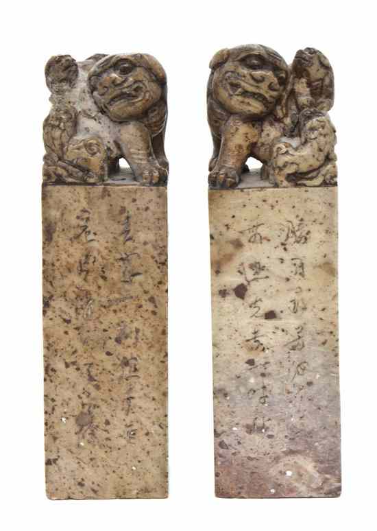 Appraisal: A Pair of Chinese Stone Seal Stamps carved of speckled