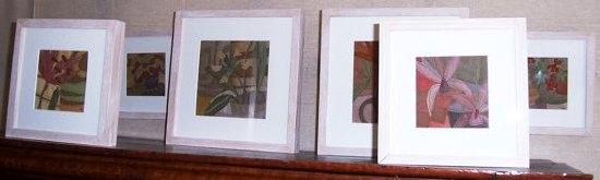 Appraisal: Louise Hawkinstwo floral fabric collages cm square and four smaller