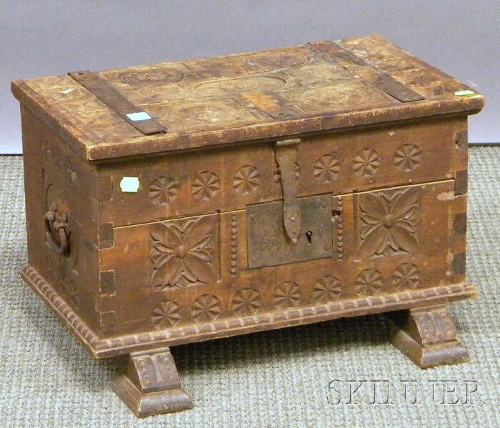 Appraisal: Iberian Iron-bound Carved Pine Dovetail-constructed Box with Shoe Feet ht