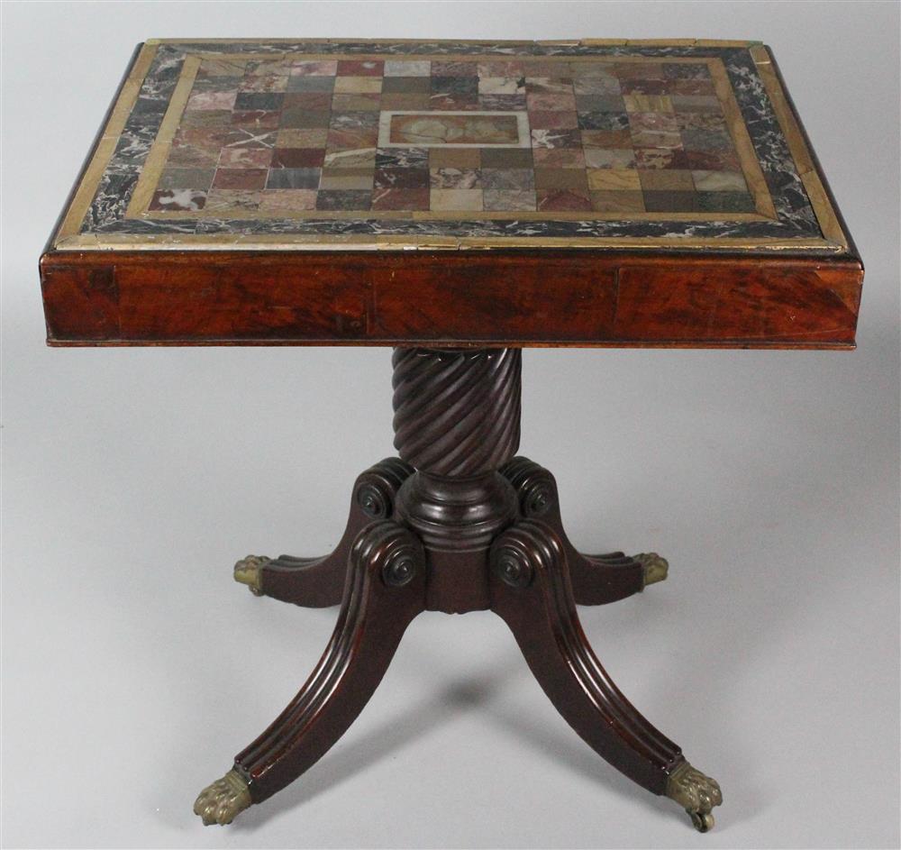 Appraisal: CLASSICAL CARVED MAHOGANY AND MARBLE SPECIMEN TABLE circa having a