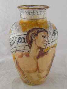 Appraisal: A large glass vase hand painted overall with naked figures