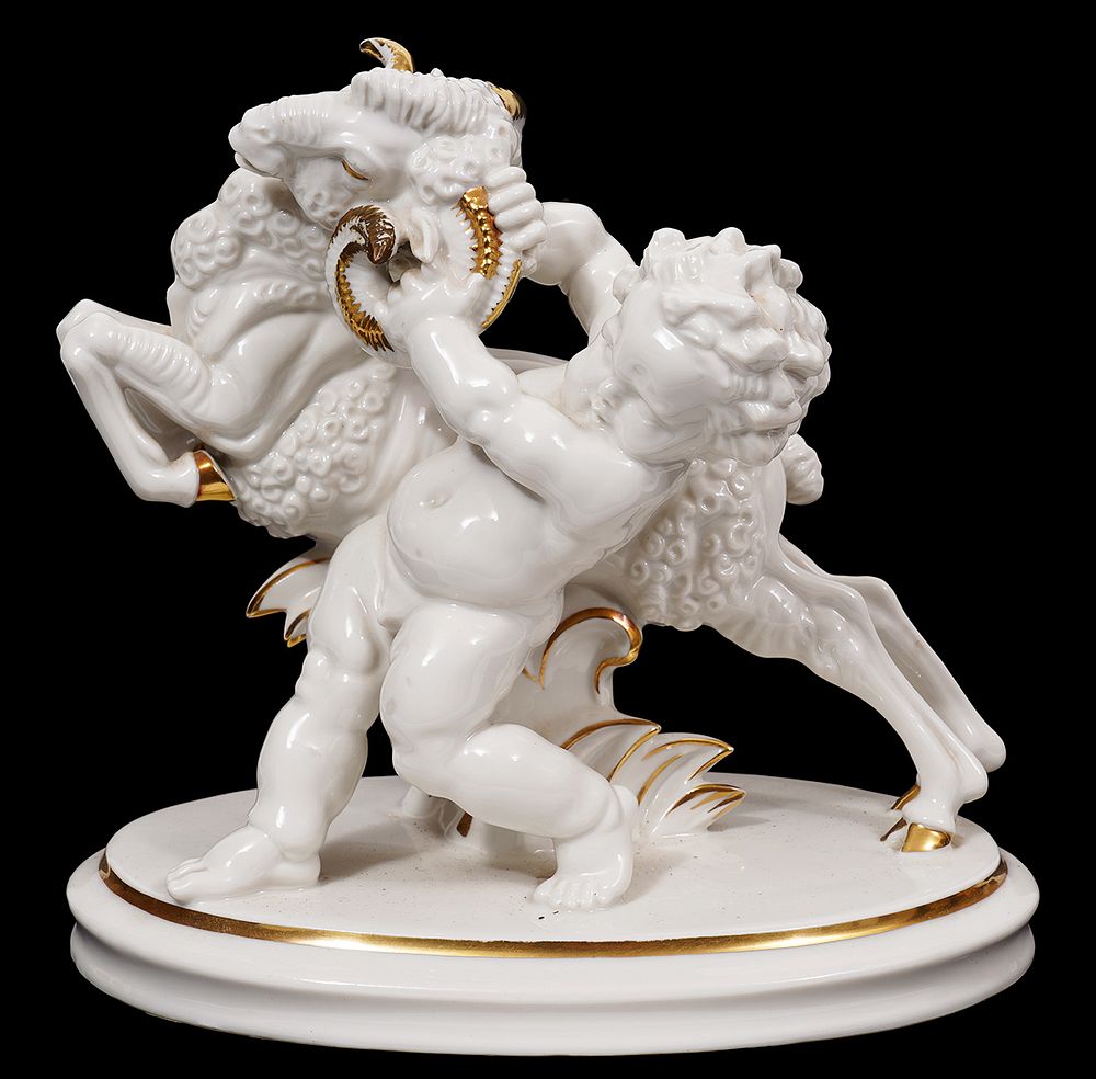 Appraisal: Hutschenreuther 'Putti Ram' Porcelain Figurine Hutschenreuther porcelain figurine of a