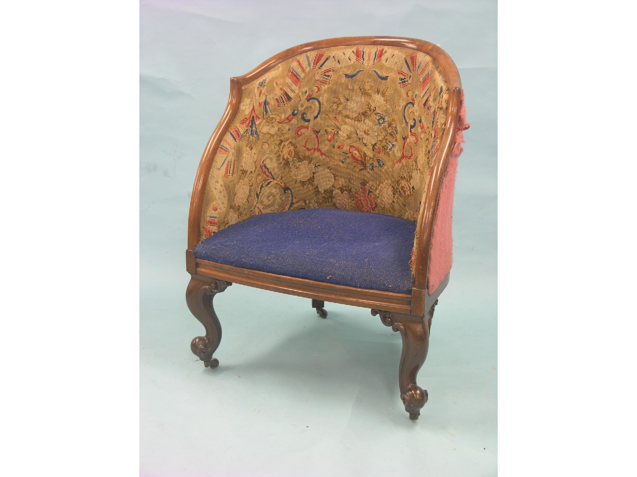 Appraisal: A large Victorian mahogany armchair tub-shape with petit-point needlework back