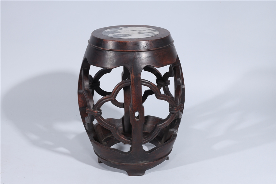 Appraisal: Chinese wood stool with hardstone inlaid seat some wear some