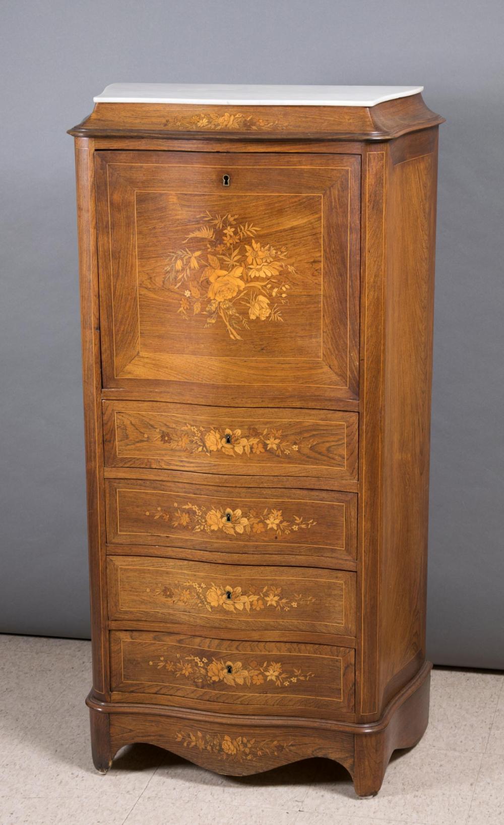 Appraisal: INLAID MARBLE-TOP SECRETAIRE ABATTANT French c featuring a fall-front writing