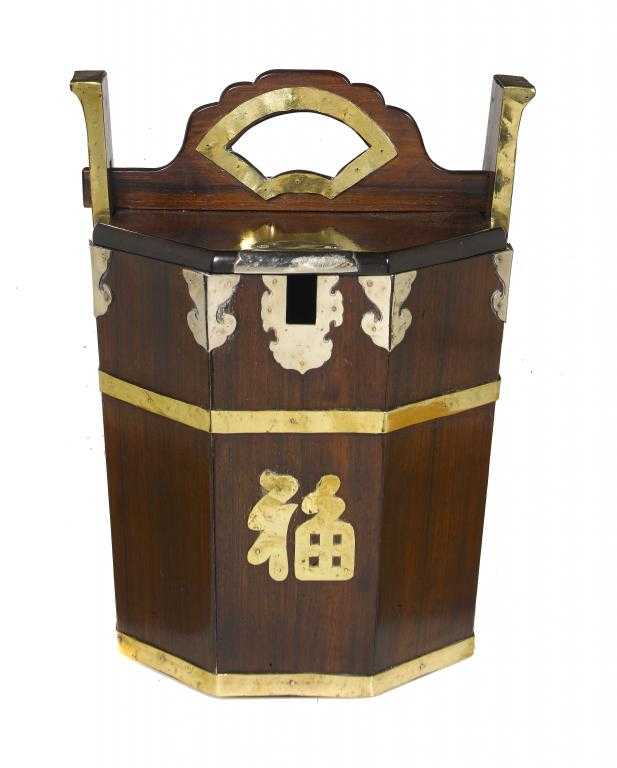 Appraisal: A CHINESE BRASS MOUNTED ROSEWOOD KETTLE BOX AND COVER of