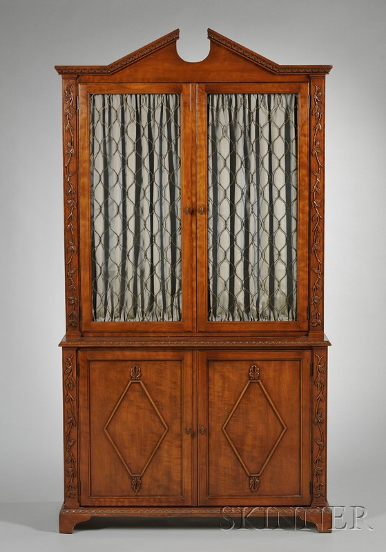 Appraisal: Neoclassical Carved Cherry Breakfront with Steel Wire Panel Doors possibly