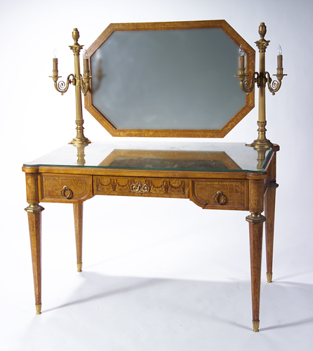 Appraisal: Louis XVI style vanity of burled wood veneer with marquetry