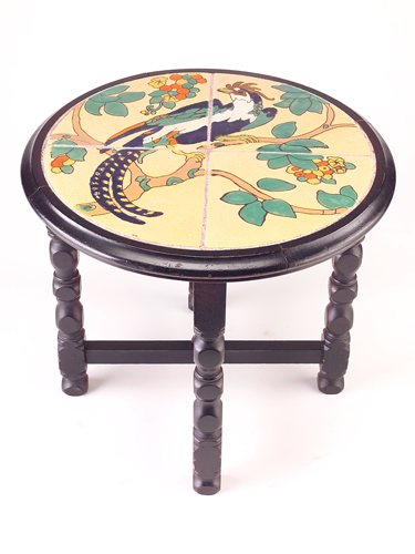 Appraisal: TAYLOR Circular tile-top table with four tiles painted with a