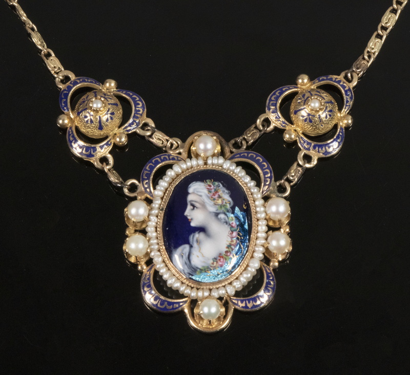 Appraisal: LADIES K GOLD LIMOGES ENAMEL NECKLACE Featuring x mm oval