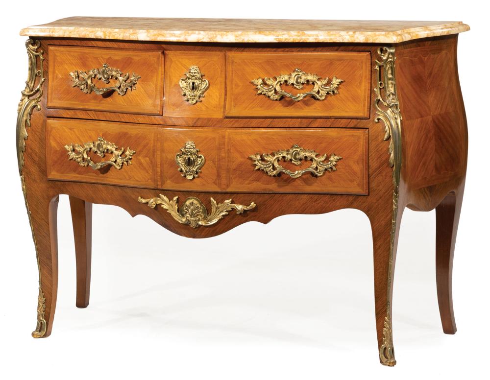 Appraisal: Antique Louis XV-Style Bronze-Mounted Satinwood Parquetry Bombe Commode molded shaped