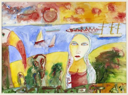 Appraisal: JOHN BELLANY SCOTTISH B FEMALE FIGURE WITH TOUCAN Signed watercolour