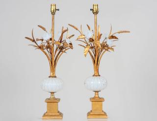 Appraisal: PAIR OF GILT METAL GILT WOOD AND OPALESCENT GLASS LAMPS