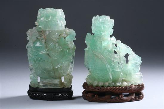 Appraisal: TWO CHINESE GREEN QUARTZ VASES One carved to depict a