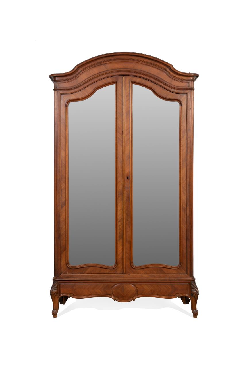 Appraisal: LOUIS XVI STYLE DOUBLE MIRRORED DOOR ARMOIRE Continental mahogany parquetry