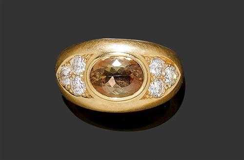 Appraisal: ANDALUSITE BRILLIANT-CUT DIAMOND AND GOLD RING Yellow gold Casual-elegant band