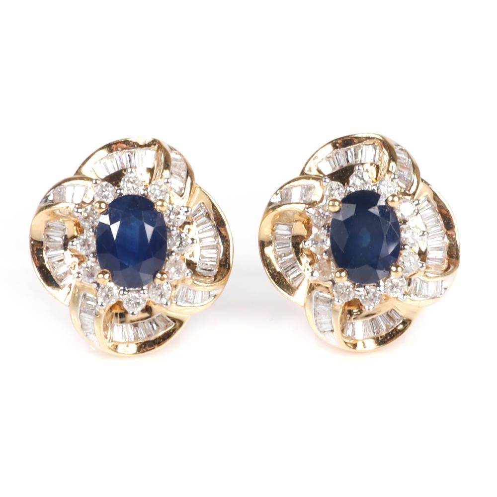 Appraisal: SAPPHIRE AND DIAMOND K YELLOW GOLD EARRINGS WITH RETRO STYLE