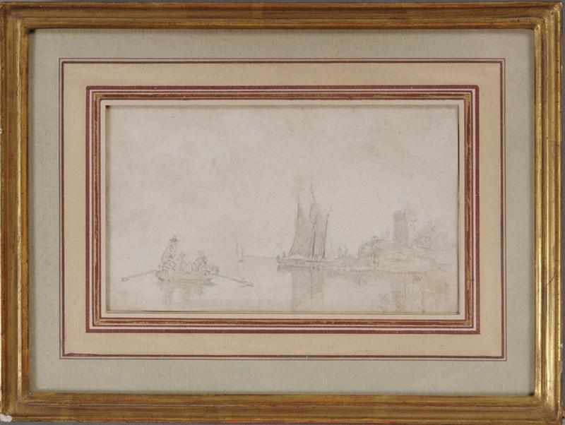 Appraisal: DUTCH SCHOOL SHIPS AT SHORELINE Pencil and watercolor on paper