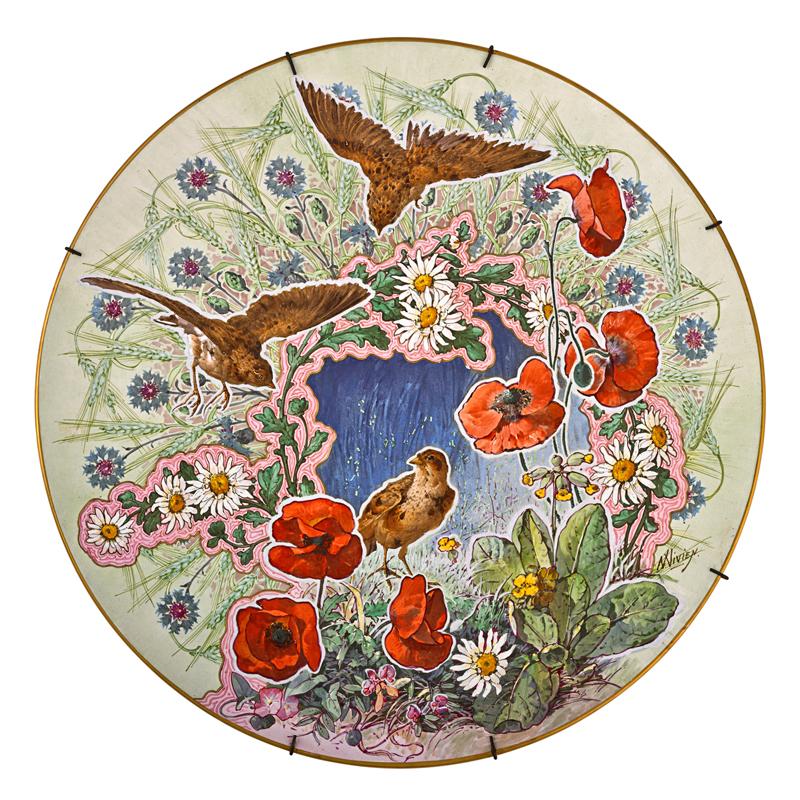 Appraisal: FRENCH EARTHENWARE CHARGER Hand-painted enamel design of birds and foliage