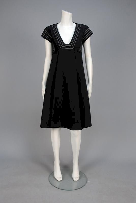 Appraisal: RONALD AMEY TOPSTITCHED WOOL DAY DRESS s Black A-line with