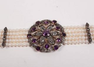 Appraisal: K YELLOW GOLD DIAMOND AMETHYST AND PEARL CHOKER K YELLOW