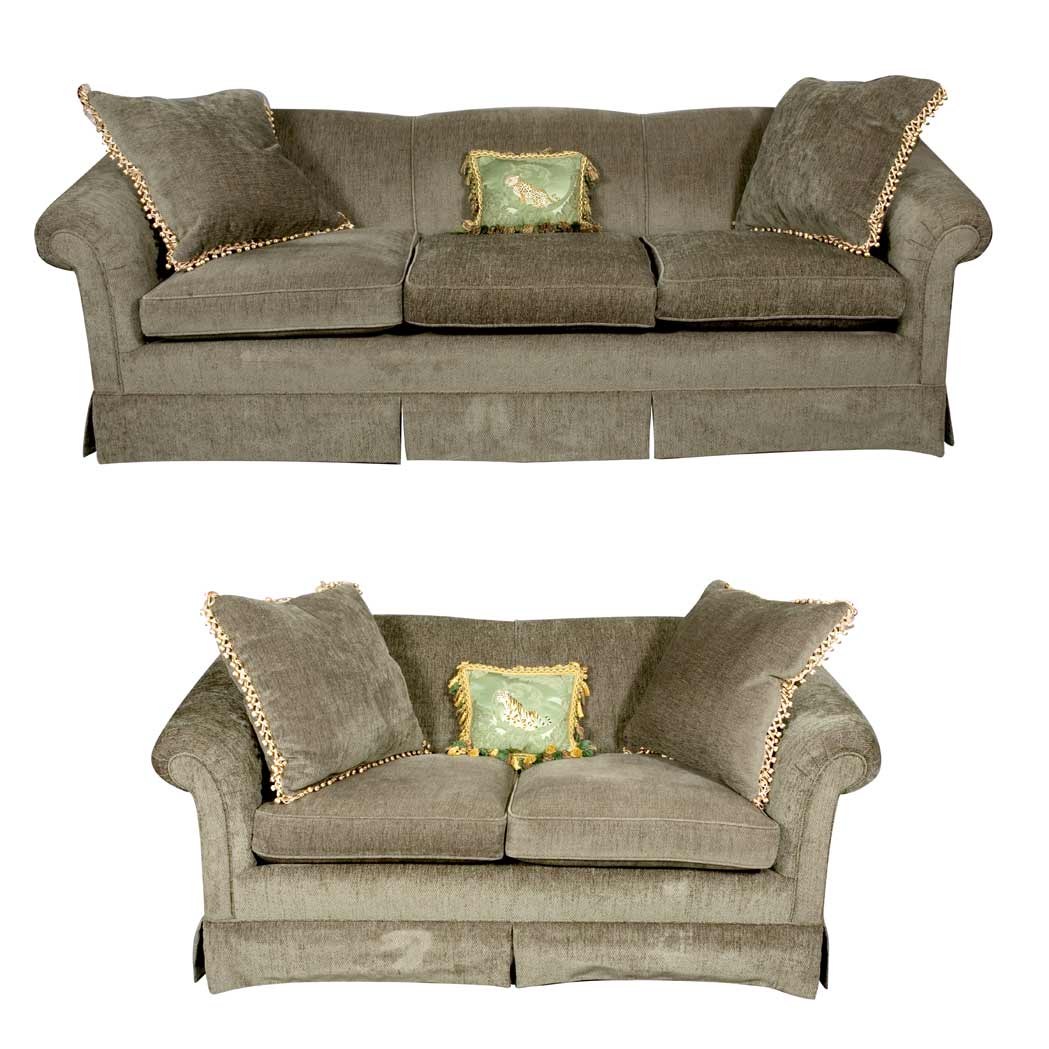 Appraisal: Chenille Upholstered Three-Seat Sofa and Love Seat en Suite Length