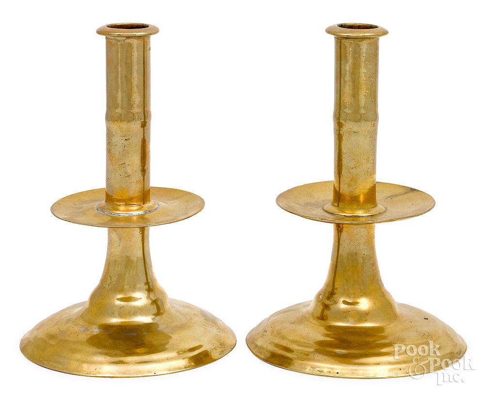 Appraisal: Pair of English brass trumpet candlesticks Exclusive on Bidsquare Pair