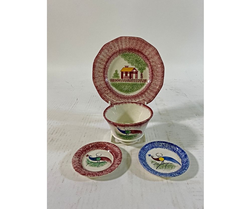 Appraisal: Red Spatterware etc Red Spatterware school house plate dia a