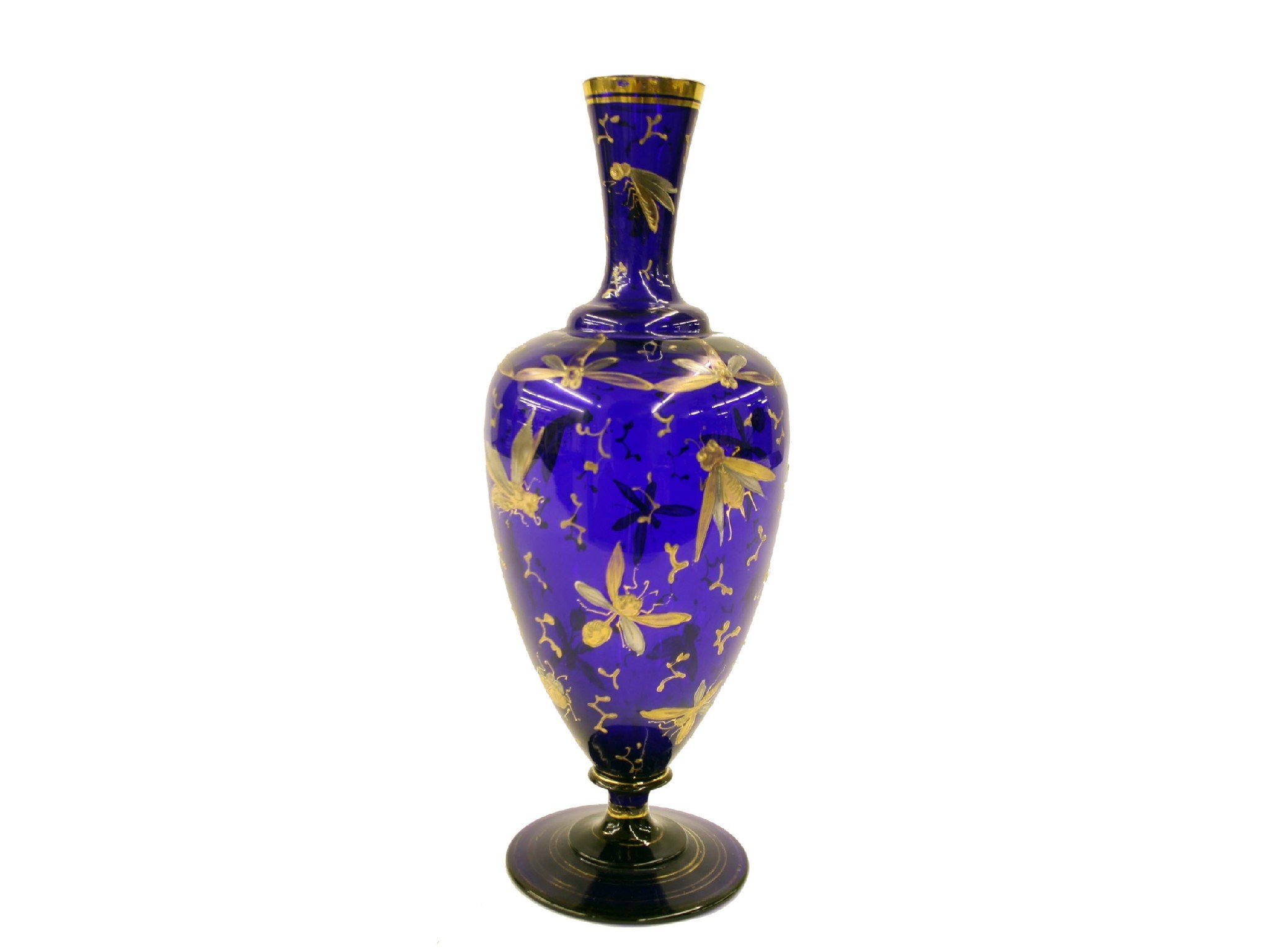 Appraisal: Cobalt blue glass baluster bottle neck vase decorated with various