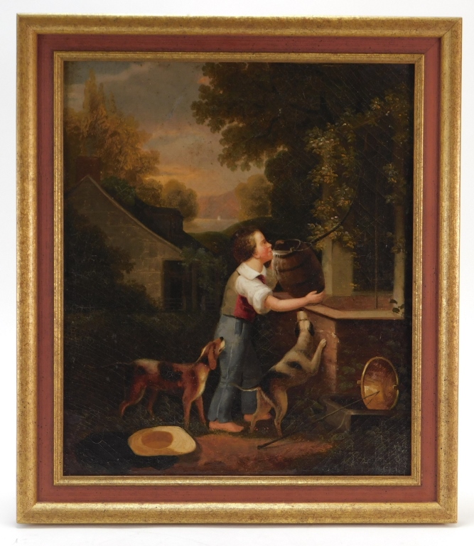 Appraisal: C AMERICAN FARM BOY DOG GENRE PAINTING United States th