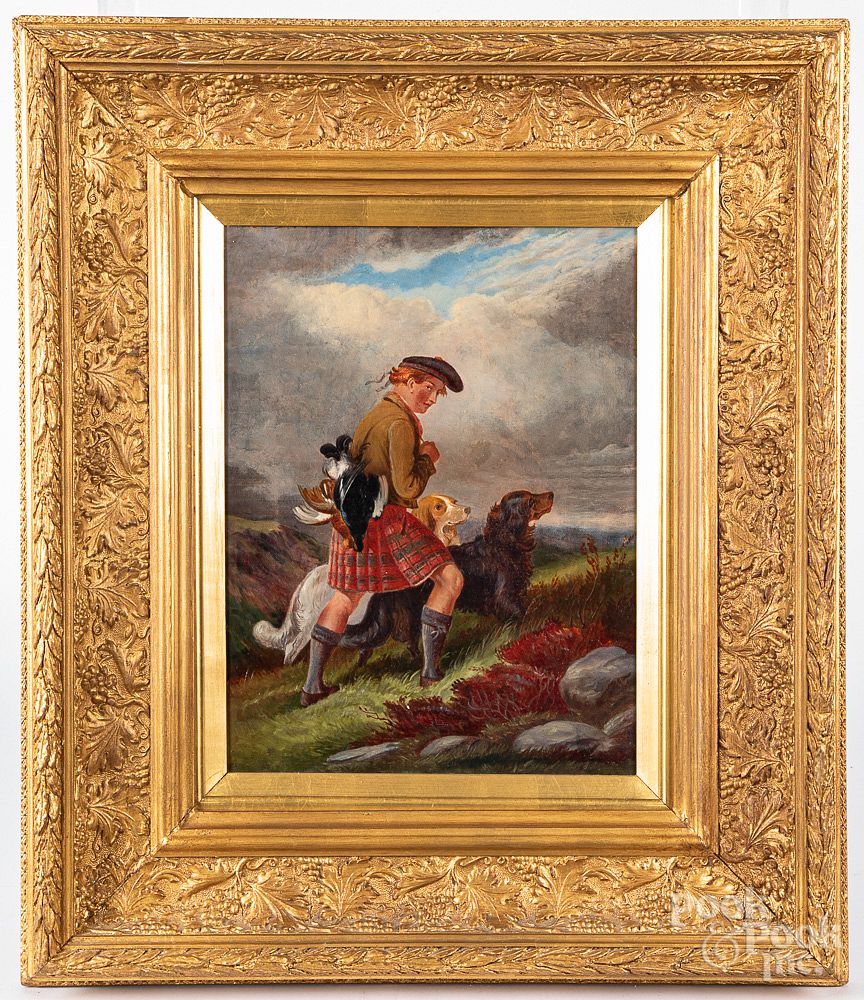 Appraisal: Scottish oil on canvas of a hunter and hounds la