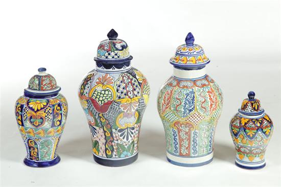 Appraisal: FOUR FAIENCE COVERED JARS Talavara Mexico late th century Colorful