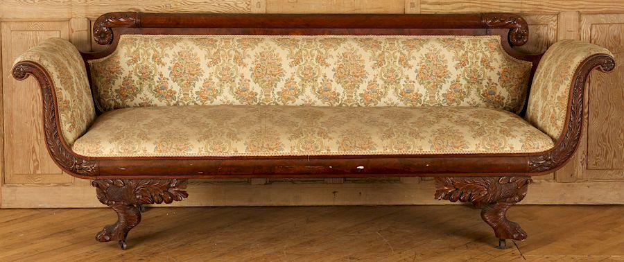 Appraisal: TH CENT AMERICAN CLASSICAL SOFA CARVED FRAME A nineteenth century