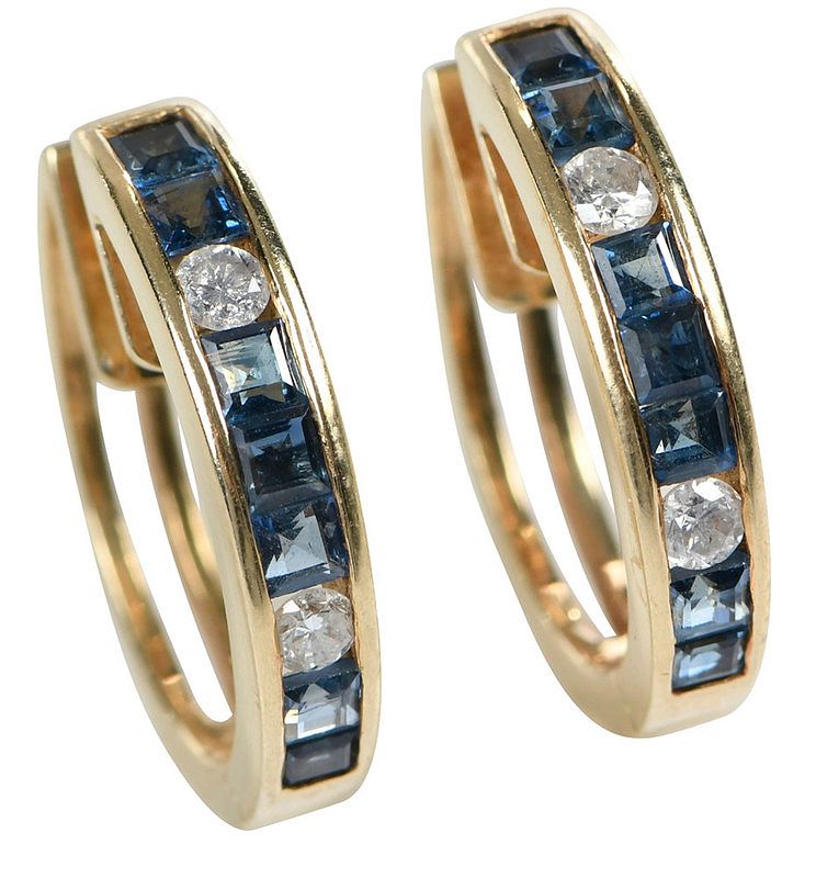 Appraisal: kt Diamond and Sapphire Earrings hoop design each with seven