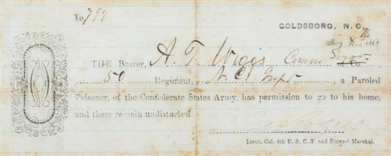 Appraisal: Sale Lot CIVIL WAR Partially Printed Document Signed Goldsboro N