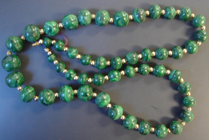 Appraisal: Malachite Beaded Necklace graduated strand of beads ranging from mm