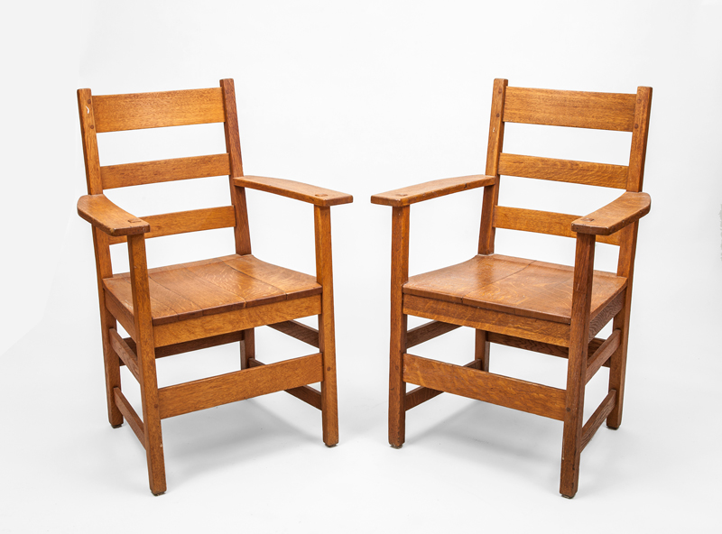 Appraisal: PAIR OF STICKLEY OAK ARMCHAIRS x x in From the