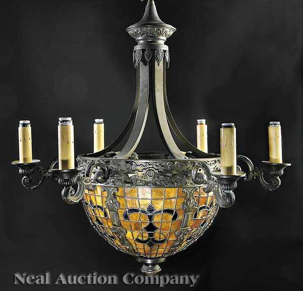 Appraisal: An American Leaded Glass and Patinated Bronze Six-Light Chandelier early