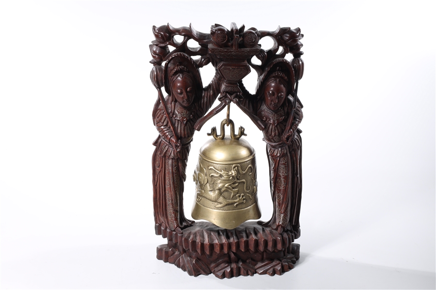 Appraisal: Chinese bronze bell on elaborately carved wood and silver inlay