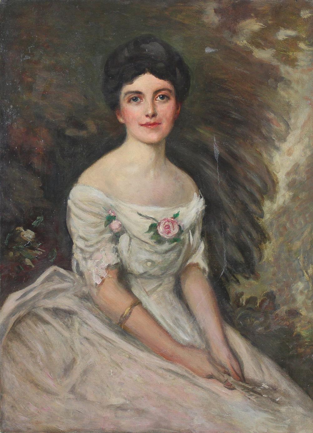 Appraisal: PORTRAIT OF A WOMAN A WHITE DRESS HOLDING A FAN