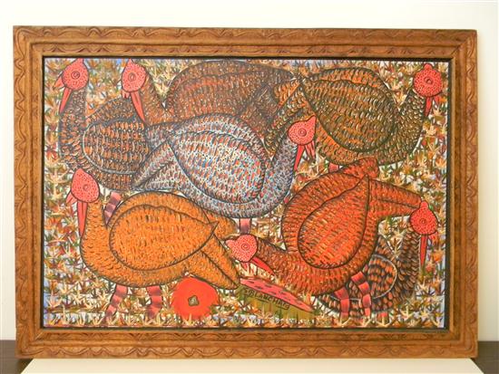 Appraisal: Sission Blanchard acrylic on wood Flock of Turkeys seven intertwined