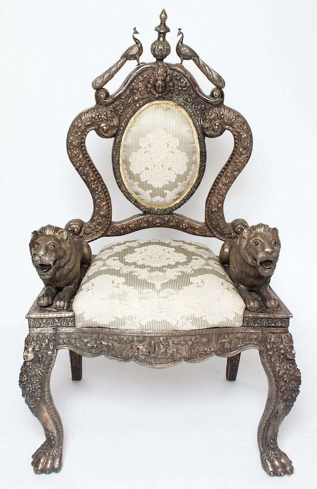 Appraisal: Anglo-Indian Silver-Clad Throne Chair th C Anglo-Indian repousse silver-clad throne