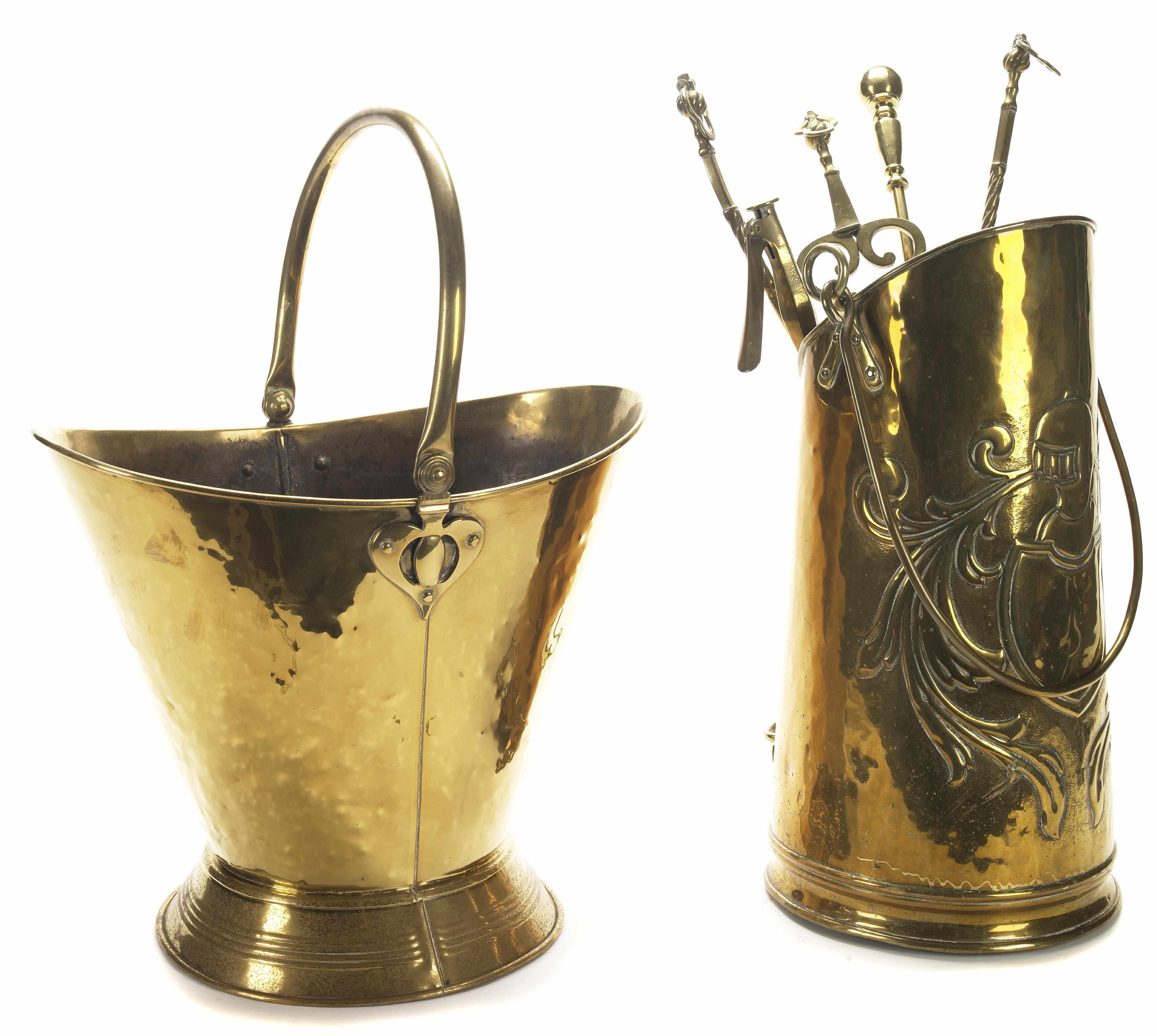 Appraisal: Two brass fireside coal buckets and tools the first cylindrical