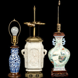 Appraisal: Three Chinese Porcelain Vases each mounted as a lamp the