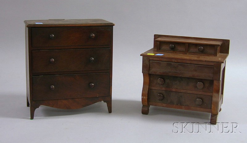 Appraisal: Miniature Federal-style Mahogany Veneer Three-Drawer Chest and Empire Mahogany Bureau