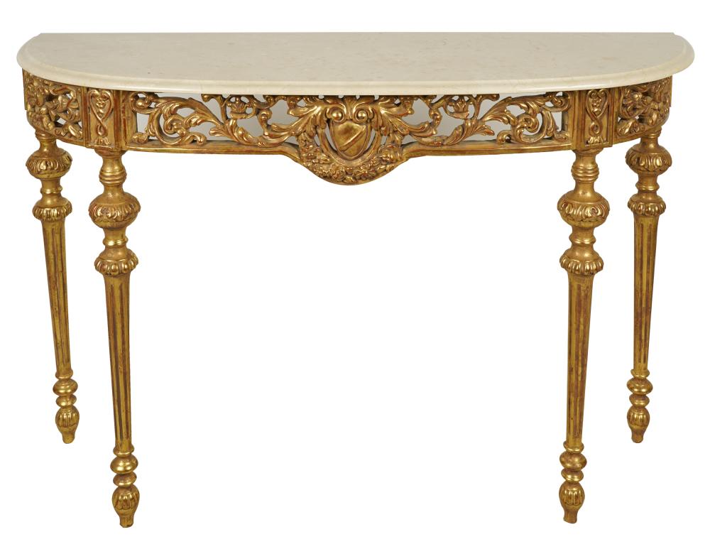 Appraisal: CONTINENTAL GILTWOOD CONSOLE TABLE th century with D-shaped white marble