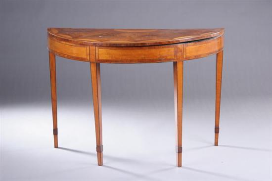 Appraisal: GEORGE III MAHOGANY DEMILUNE CARD TABLE early th century satinwood