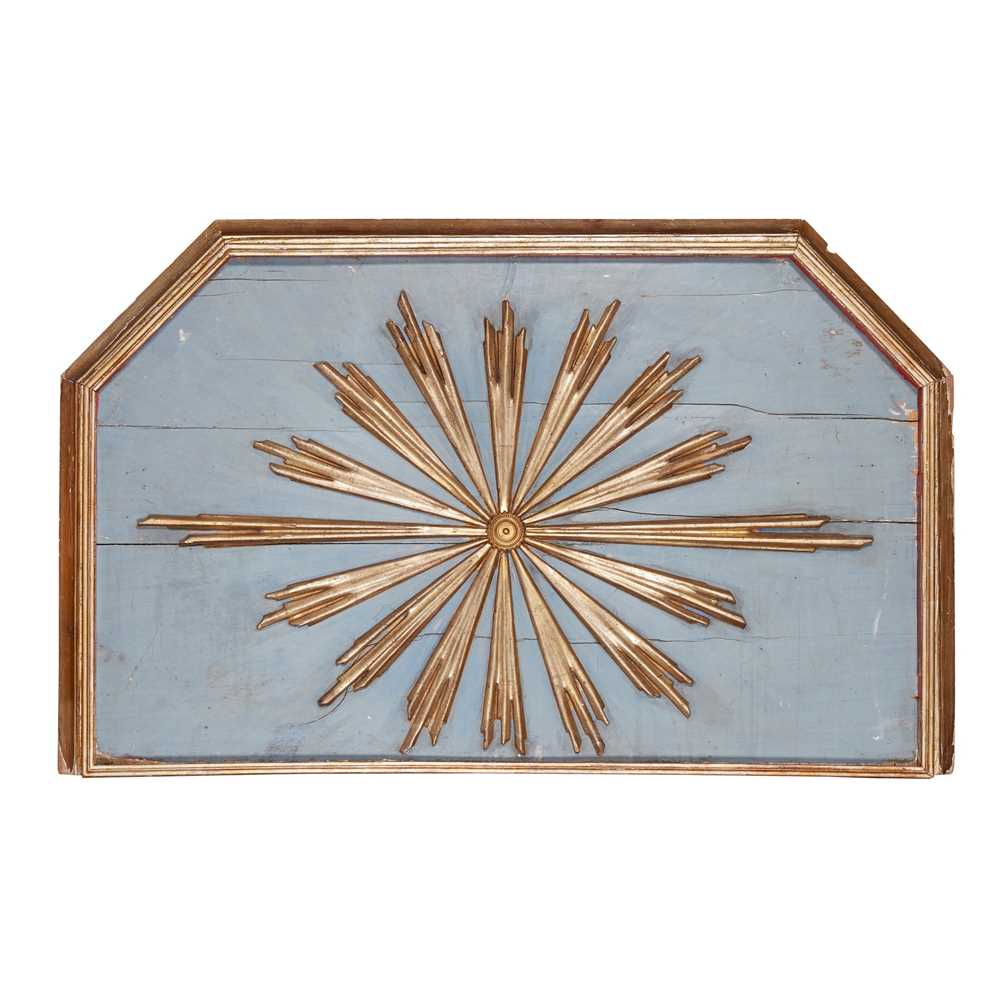 Appraisal: CONTINENTAL GILT AND PAINTED SUNBURST PANEL TH CENTURY the hexagonal