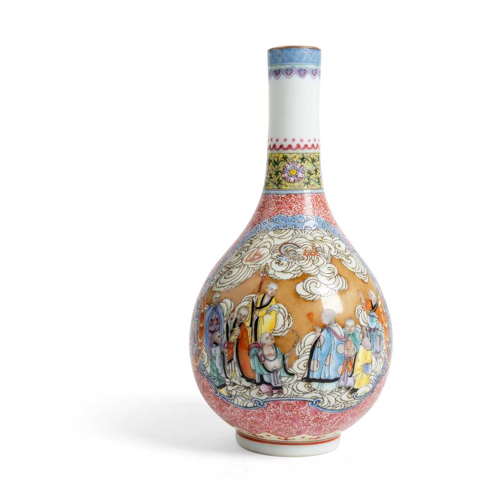 Appraisal: FAMILLE ROSE 'EIGHTEEN ARHATS' VASE REPUBLIC PERIOD the bulbous body