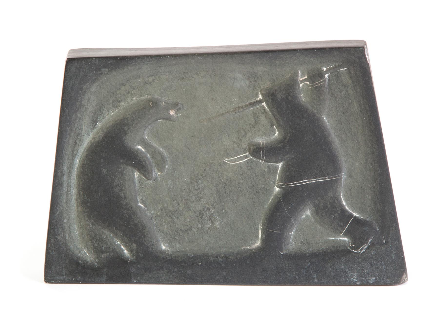 Appraisal: INUIT CARVED PLAQUE Twentieth century hardstone Double sided with fish